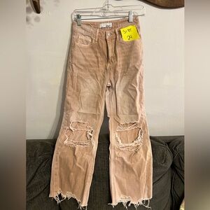 High Rise Distressed Jeans in Tan